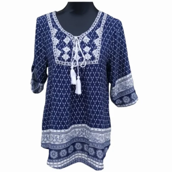 Boho Blue and White Peasant Top (F=M-L) - Picture 1 of 12